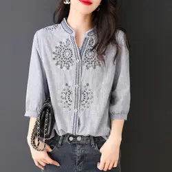 Female Round Neck Half Sleeve Striped Spliced Single Breasted Round Flower Embroidery Shirt Spring Summer Ethnic Tribal Style