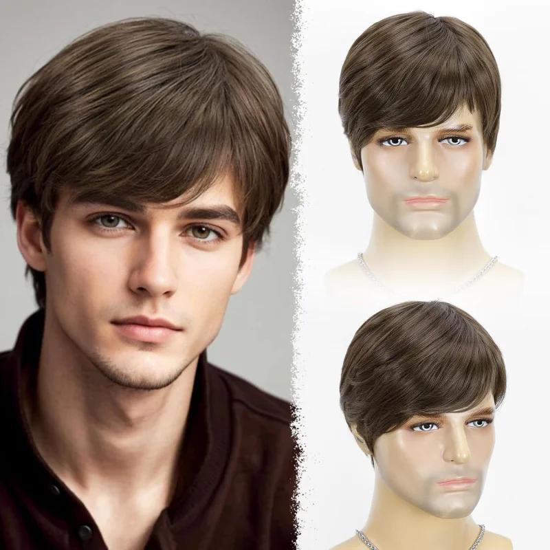 

New European and American Style Wig Men's brown side-parted short straight hair Business Style High-Temperature Fiber Full Wig W