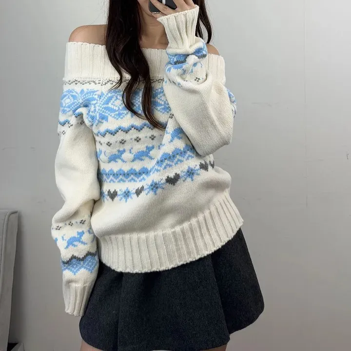 Dames Herfst Winter Chic Retro Fair Isle Knit Eén schouder ow off oulder High ade Sensation Super goed uitziende top