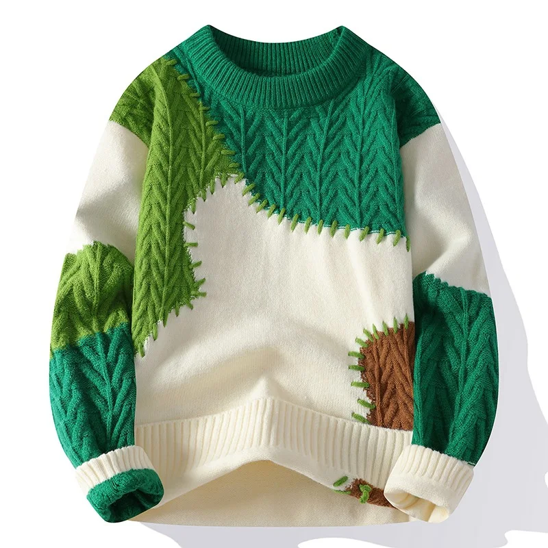 Winter Fashion Sweater Men Patchwork Casual Knit Pullovers Mens Thick Warm Harajuku Loose Knitted Sweaters O-Neck Streetwear Man