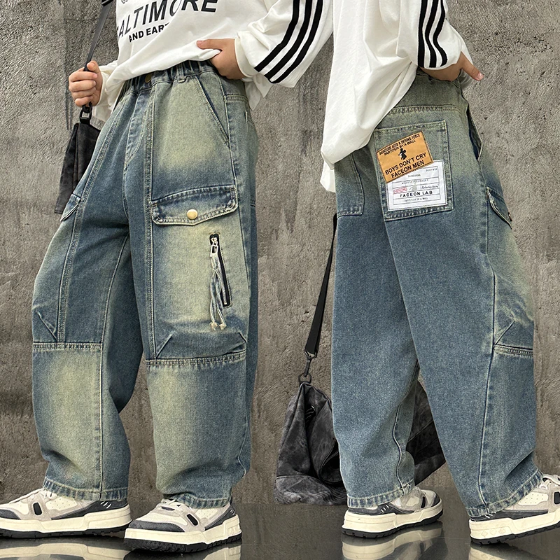 

Classic New Kids Designer Vintage Blue Distressed Jeans For Boys Age 5 6 7 8 9 10 11 12 13 14 Yrs Kids Casual Spring Denim Pants