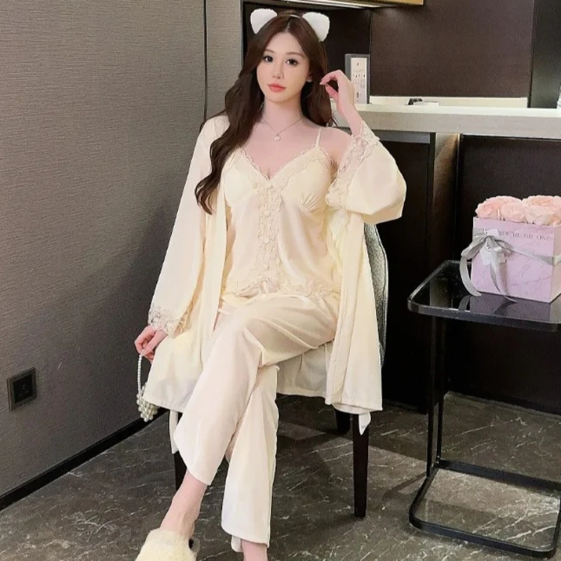 

3 Piece Velour Pajamas Set Autumn Winter Velvet Sleepwear Bathrobe Strap&Trouser Sleep Suit Women Lace Robe Pijamas Lingerie