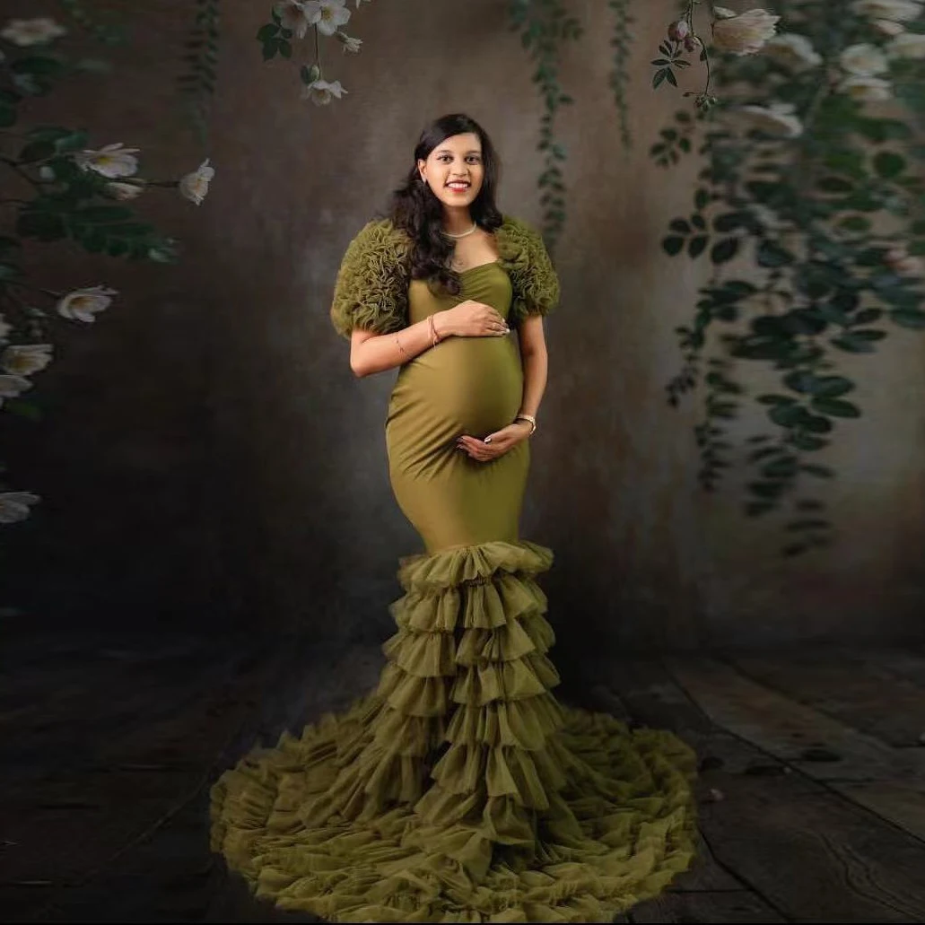 Vestido de maternidade de tule verde oliva com babados lindo vestido longo para grávidas mangas em camadas vestidos femininos sereia exuberante chá de bebê