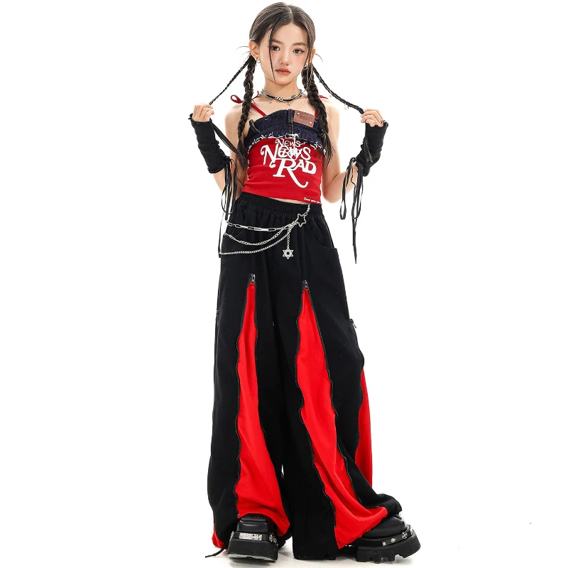 Mädchen Kpop Hip Hop Kleidung Denim Red Lace Up Crop Tank Top Casual Reißverschluss Breite Bein Hosen Tanz Kostüme Gruppe Streetwear Kleidung