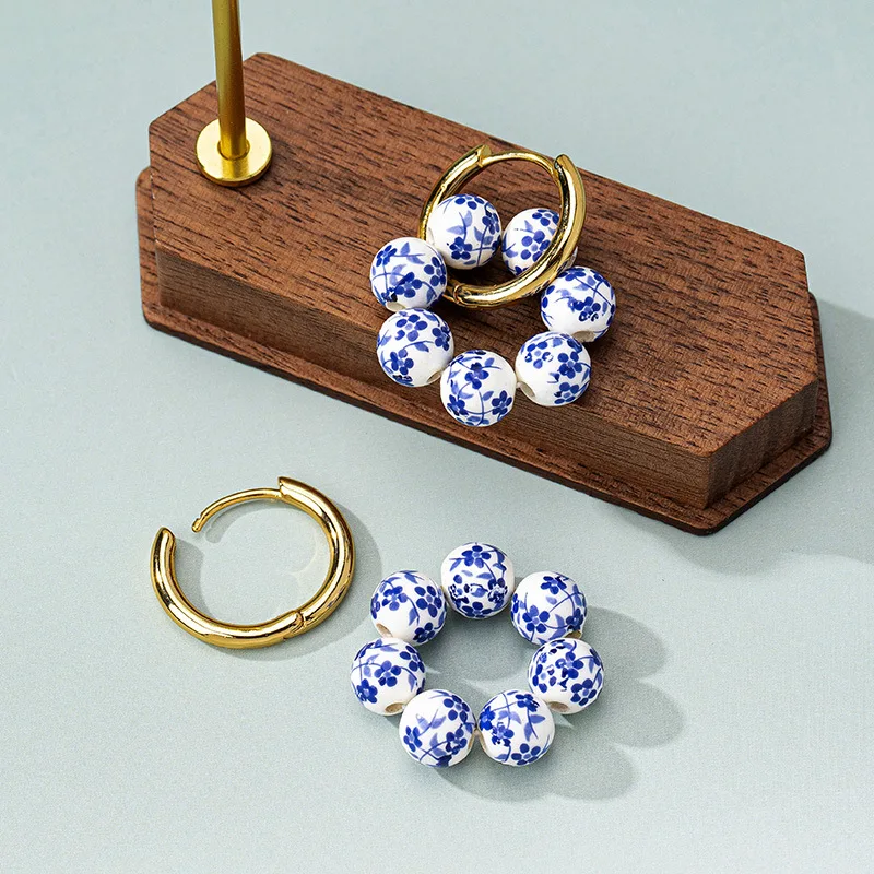 Vintage Geometric Round Ball Blue White Enamel Ceramic Earrings For Women Girls Party Jewelry Gifts Fashion Accessories