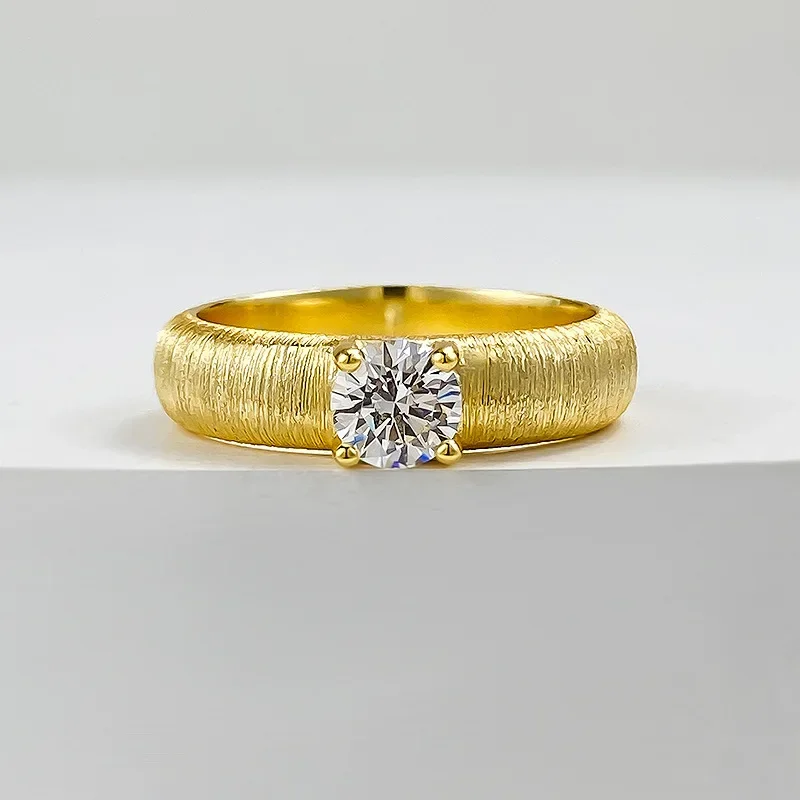 S925 Silver Gold-plated Satin Brushed Ring Set with 5.0 White Diamond Vintage Artificial Brushed Ring