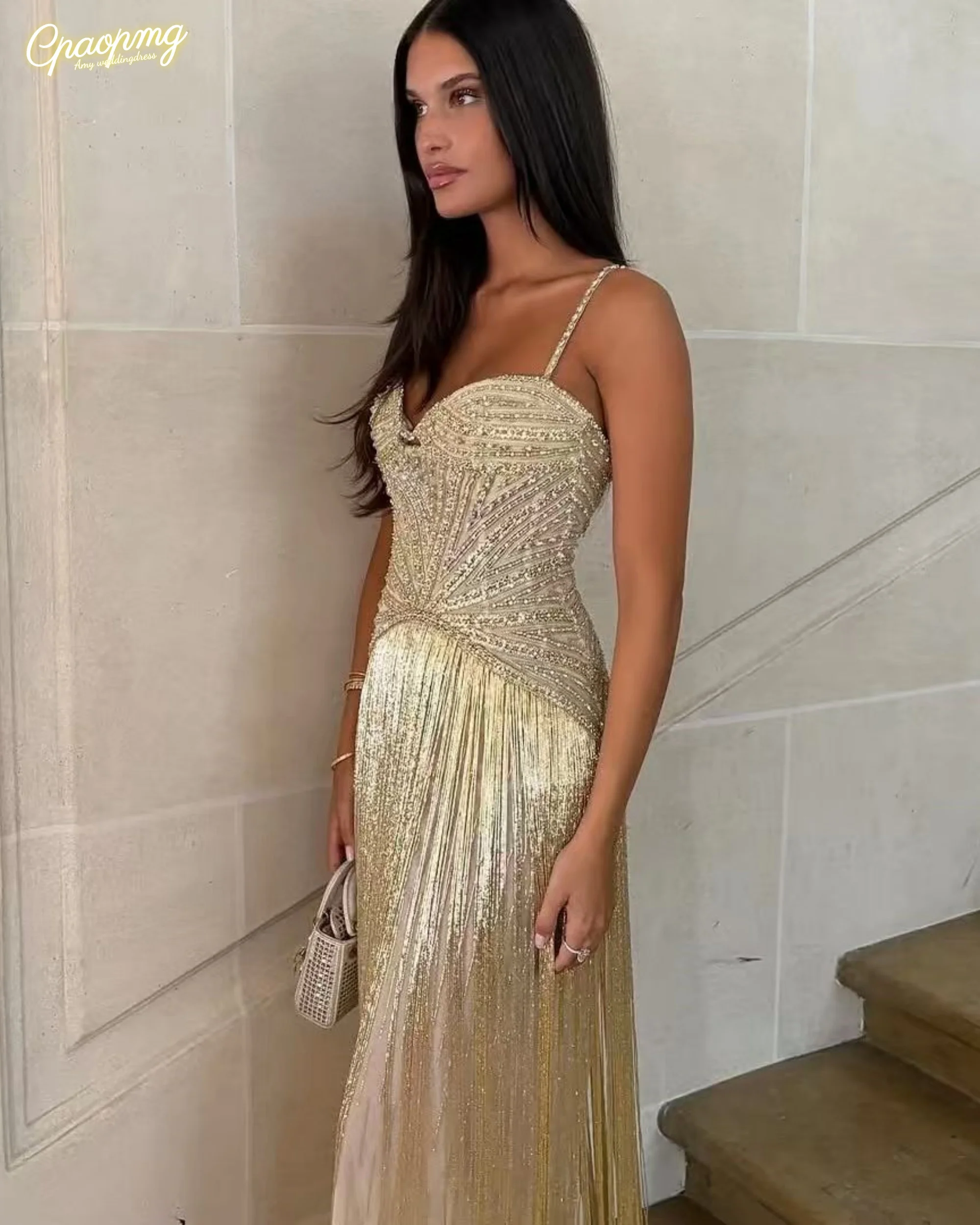 Vestidos de baile dourados personalizados, alça espaguete, miçangas, personalizado, formal, sem mangas, até o chão, linha a, vestidos de gala