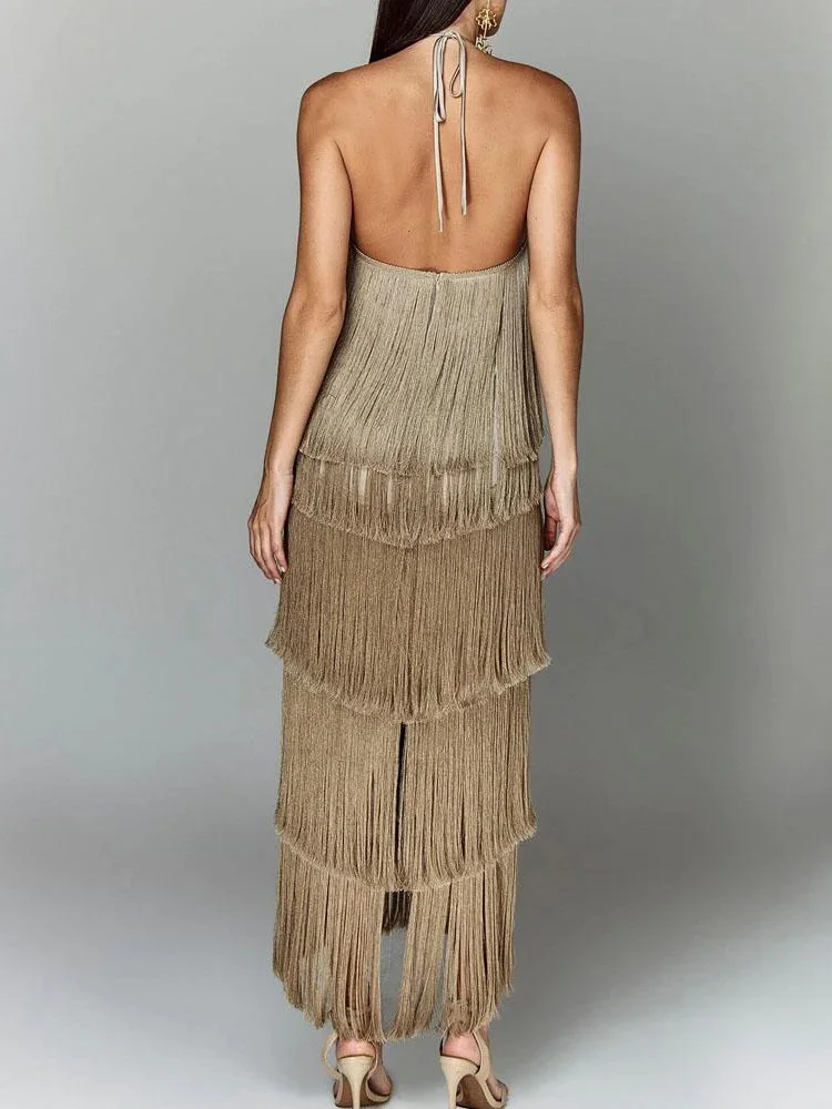 Tassel Patchwork Loungewear Fashion Maxi Dress, Women Summer Sleeveless Halter Party Dress, 2024 Solid High Street Ladies Dress