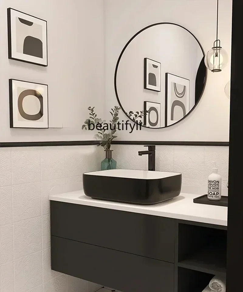 05 FG17Simple Modern Bathroom Combination Black Table Basin Wash Basin Stone Plate Washstand Bathroom Cabinet
