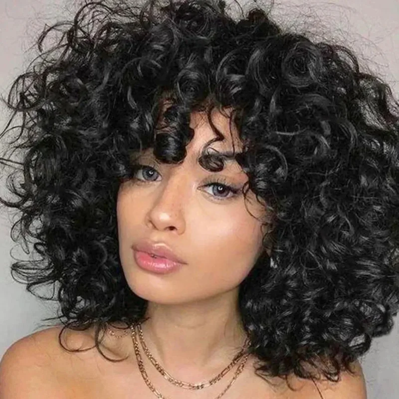 

New small curly wig full head set African fluffy explosion head medium and long curly hairstyle Hair Products