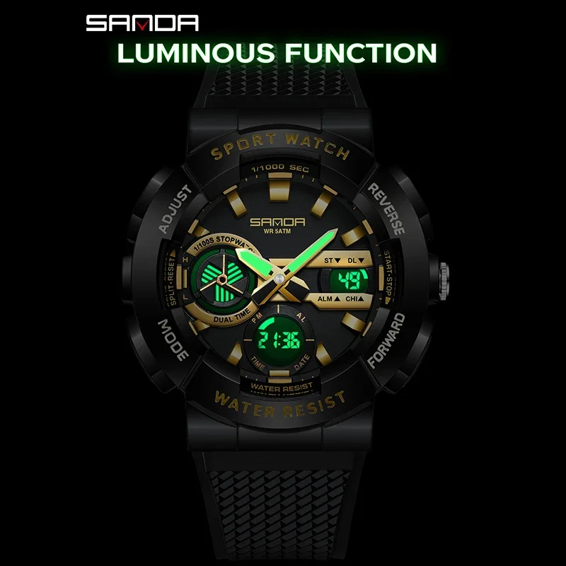 SANDA جديد الرياضة العسكرية الرجال ساعة مزدوجة عرض ساعة توقيت LED مضيئة مقاوم للماء ساعة تنبيه الإلكترونية كوارتز رجل ساعة اليد