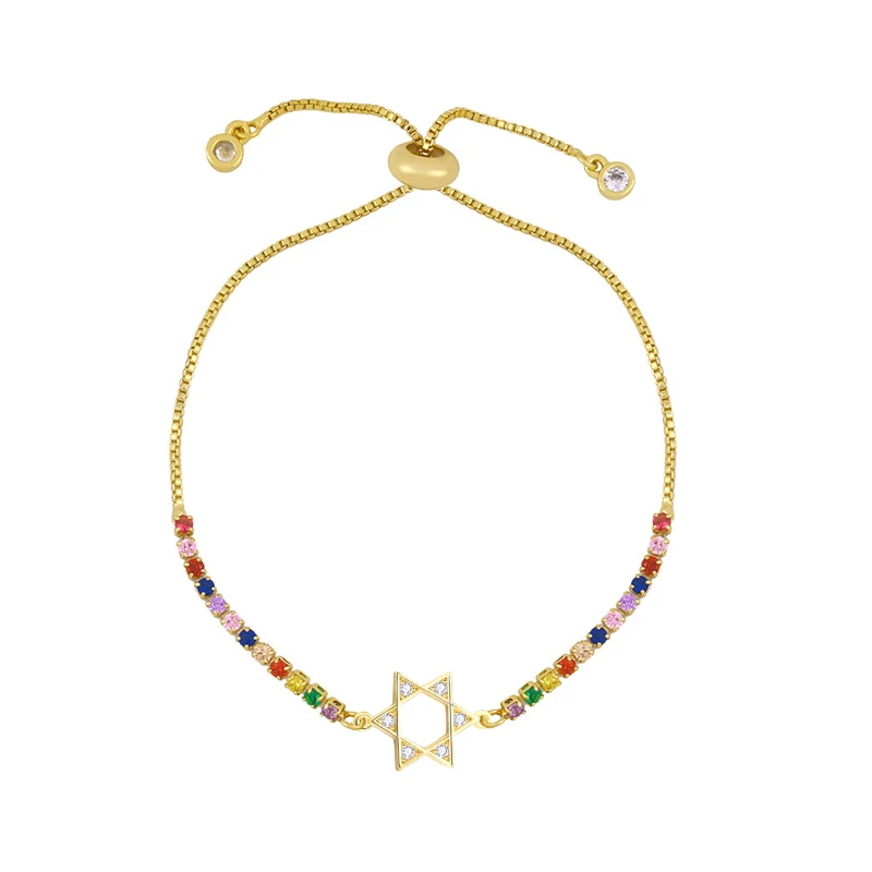 White Cubic Zirconia Crystal Jewish Star Of David Charm Bracelet Women Gold-plated Brass CZ Stones Red String Rope Chain Jewelry