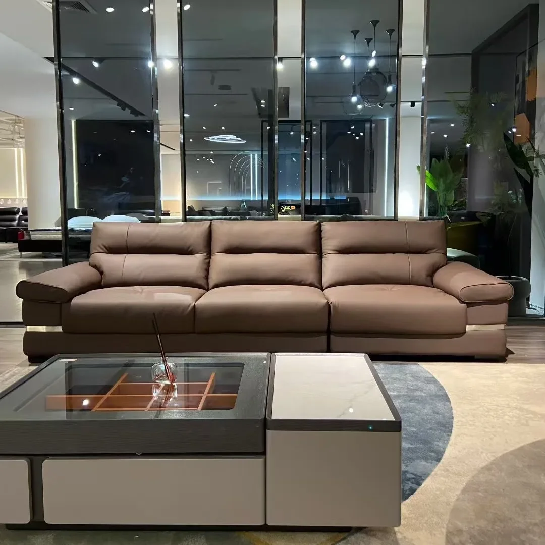 

Leather sofa first layer cowhide living room combination modern simple size apartment straight row three people