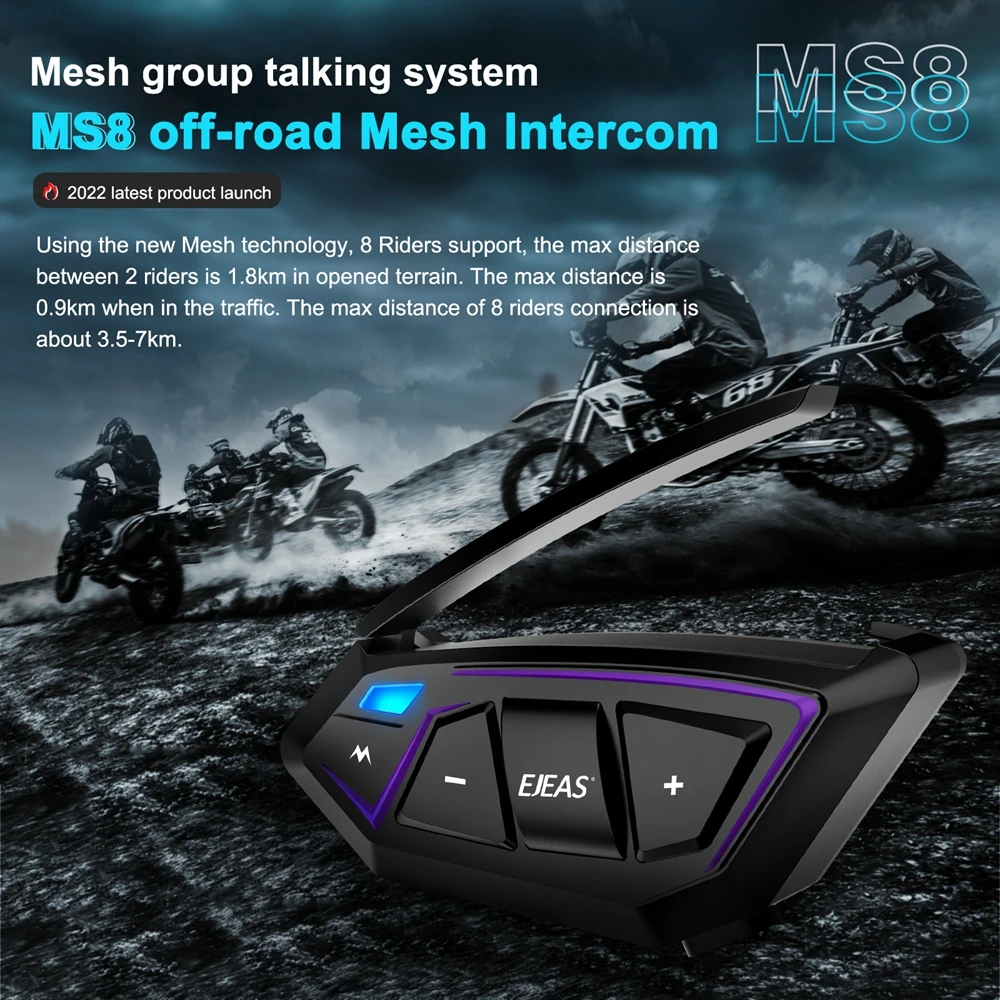 

MS8 BT 5.1 Motorcycle Helmet intercom Wireless Bluetooth Headset Interphone Newest Mesh Technology 8 Riders