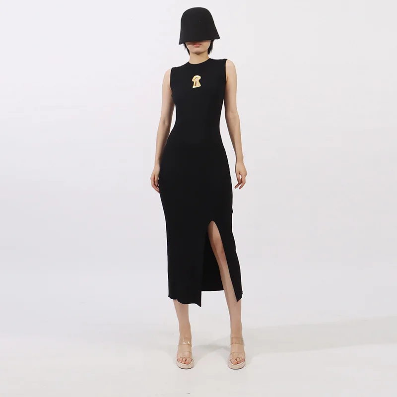 Francês elegante temperamento vestido de verão em torno do pescoço sem mangas metal oco cintura alta hip-envolto split bodycon vestido longo feminino