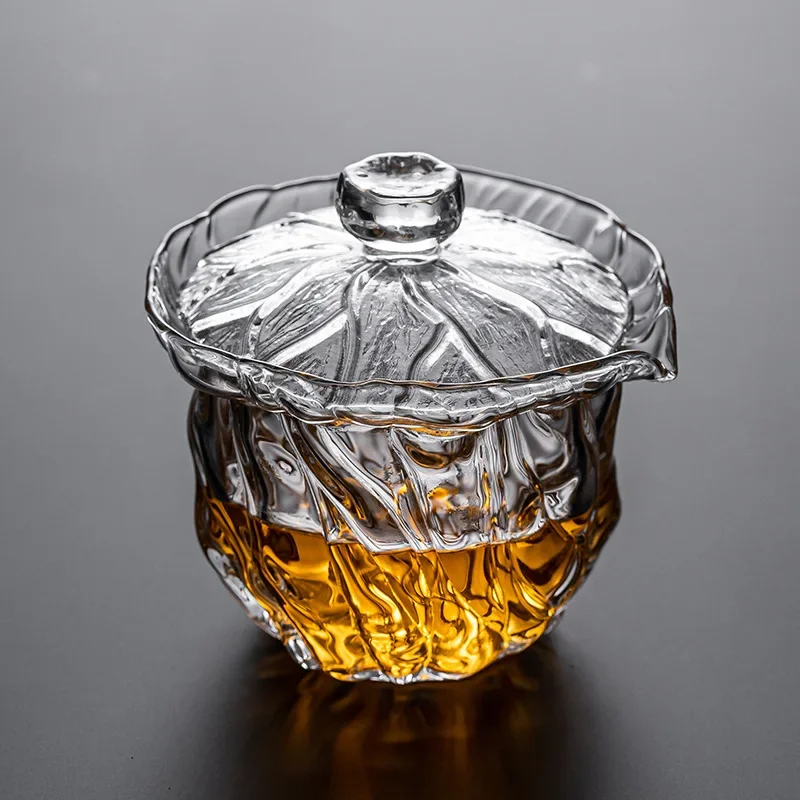 200ml Lotus Leaf Transparent Gaiwan Thickened Tea Cup Heat-resistant Glass Tea Making Pot Single Hand Grab Pot