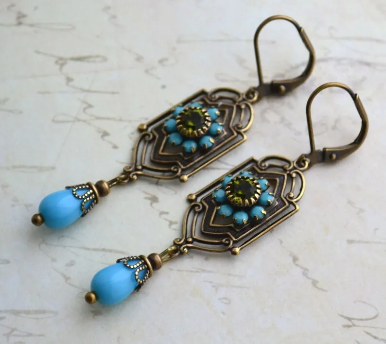 Hidden Blue Beads Teardrop Stone Earrings Gothic Women's Accessories Rectangular Metal Carved Bohemian Earrings