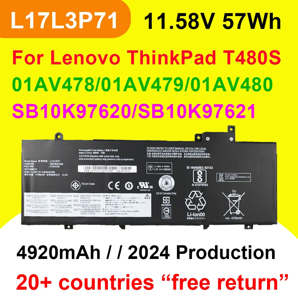 

11.58V 57Wh 4920mAh 01AV478 L17L3P71 Laptop Battery For Lenovo ThinkPad T480S L17M3P71 01AV479 01AV480 SB10K97620 SB10K97621