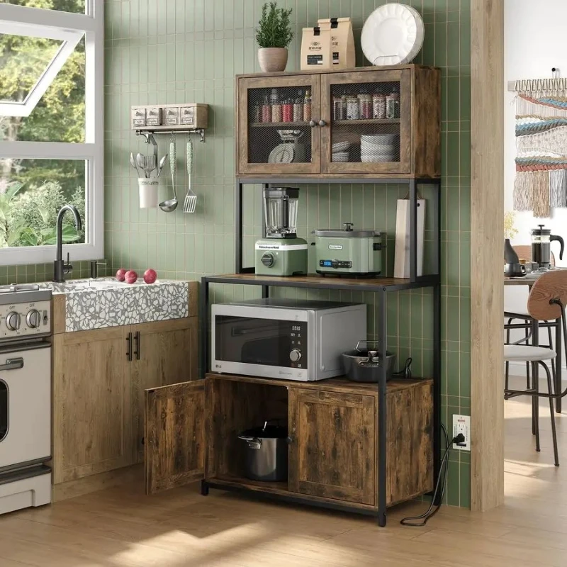 6Tier Kitchen Bakers Rack with Power Outlet, Industrial Microwave Oven Stand with Shelves, Dust Prove Door, Standing Ease