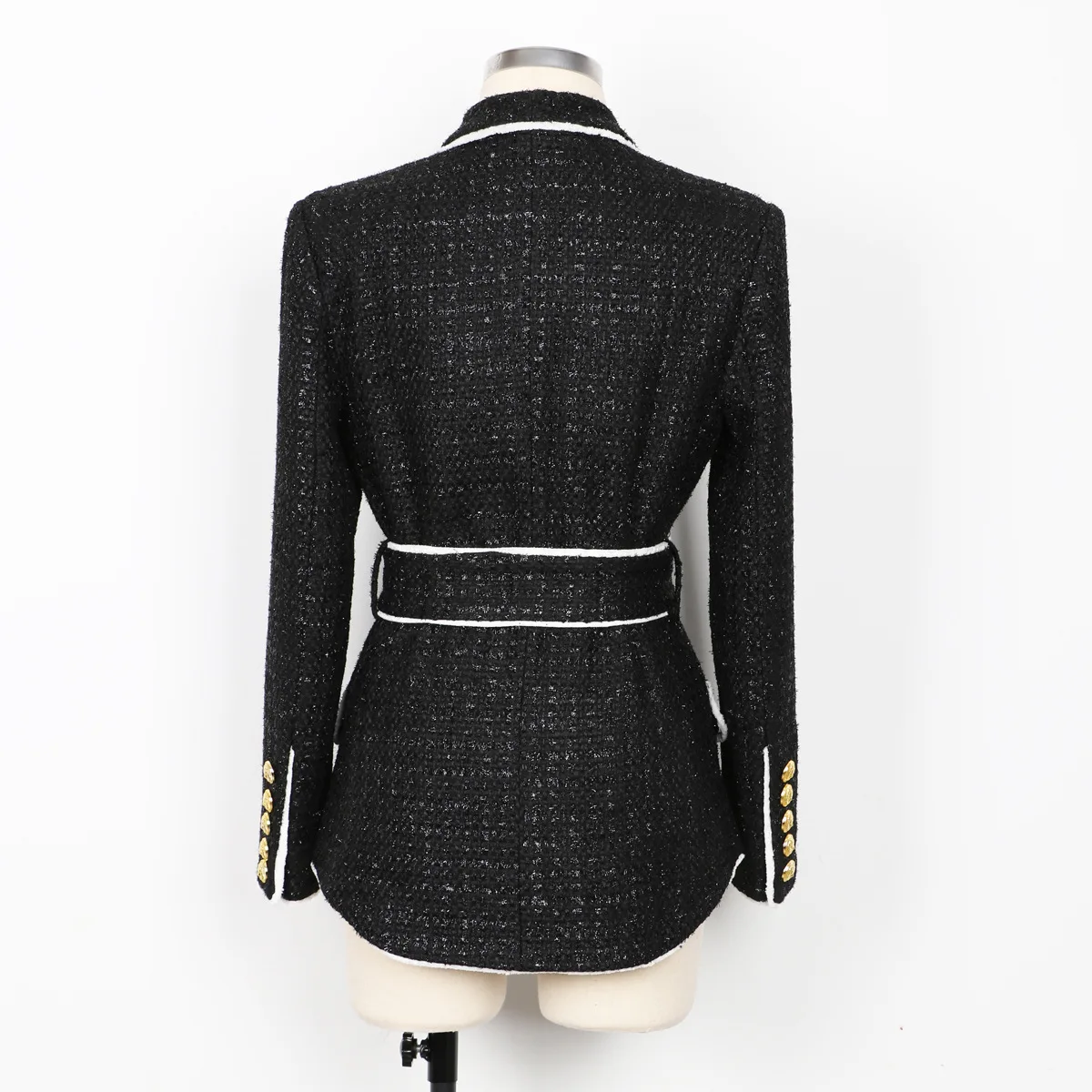 Black Women's Formal Jackets Lion Head Gold Button Blazers Tassels with Belt Slim Suit Coat 2025 Autumn New Tweed Jacket Fashion