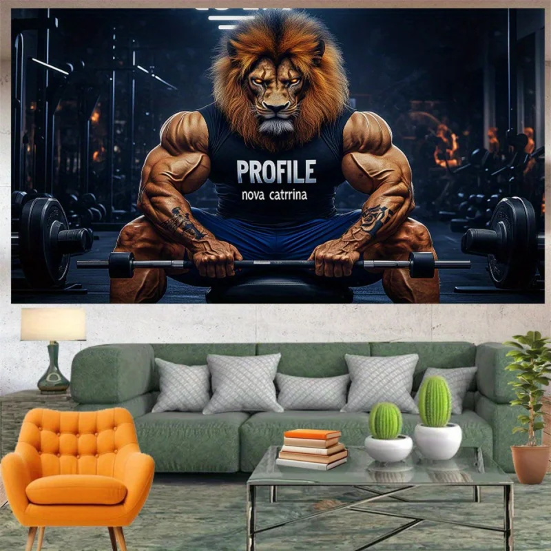 1lion-fitness-wall-painting-muscular-lions-lift-barbells-and-dumbbell-like-weights，durable-suitable-for-home-gym，wsj