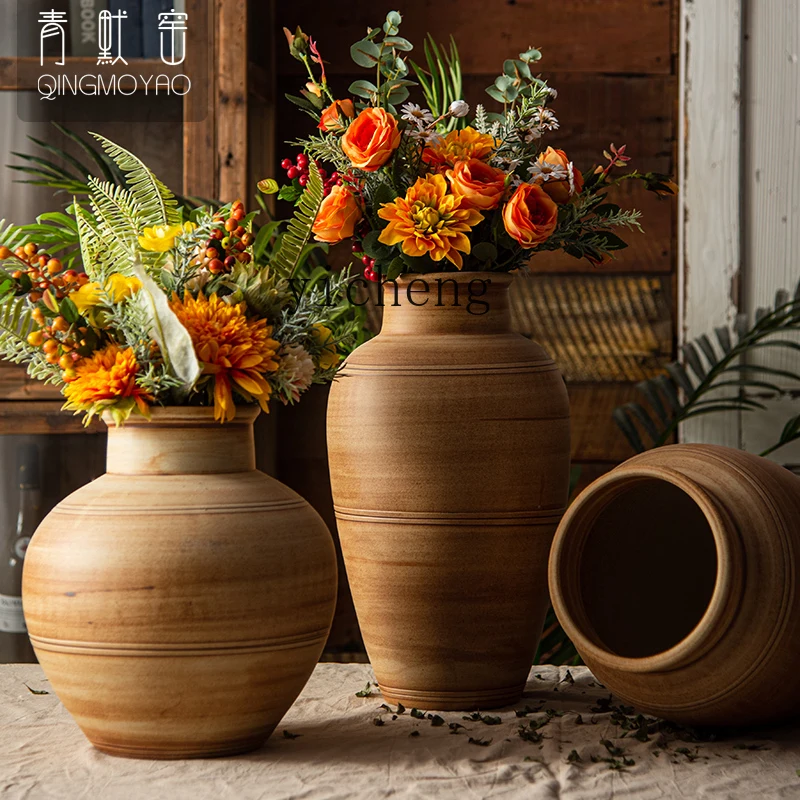 

ZYA Vintage Zen Vase Ornament Living Room Flower Arrangement Bedroom Room Fake Flower Ceramic Pot Decoration