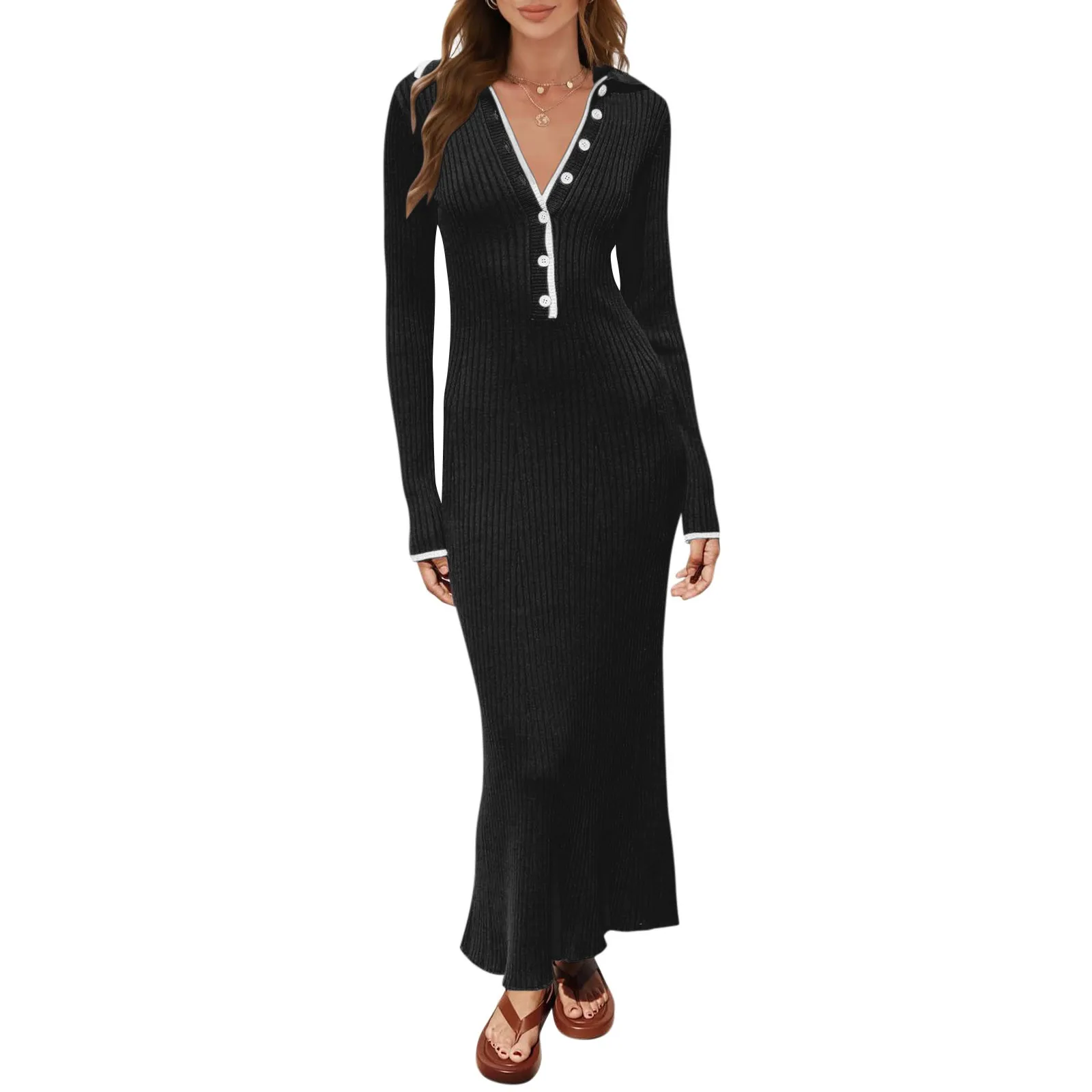 Women's Fall Fashion Solid Color Long Sleeve Bodycon Maxi Dress streetwear Sexy Ruched Neck Slim Fitting Elastic Knit Dress