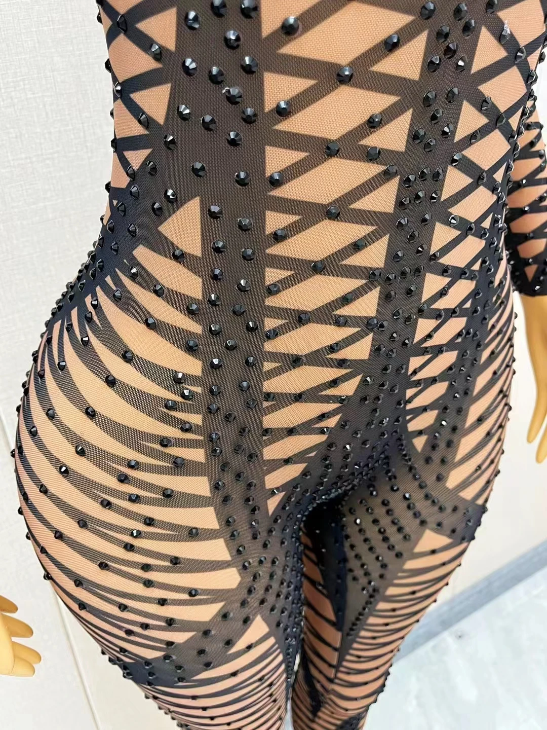 Frauen Sexy Schwarz Strass Streifen Drucken Overall Geburtstag Party Strampler Pole Dance Sänger Bühne Leistung Kostüm Clubwear