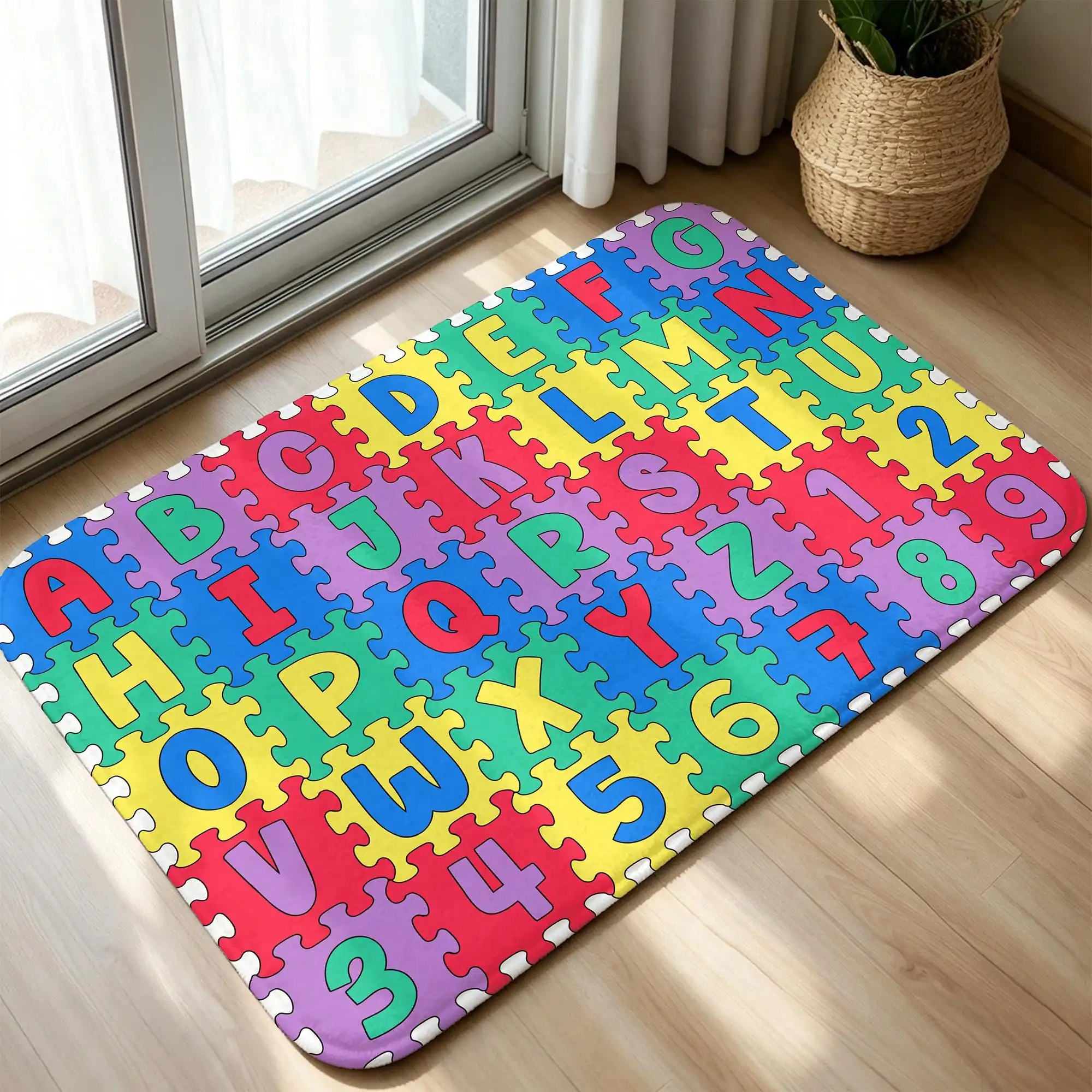 Alphabet Letters Area Rug Colorful Numbers Doormat Grid Pattern Welcome Rug Floor Mat Studio Office Corridor Home Mat