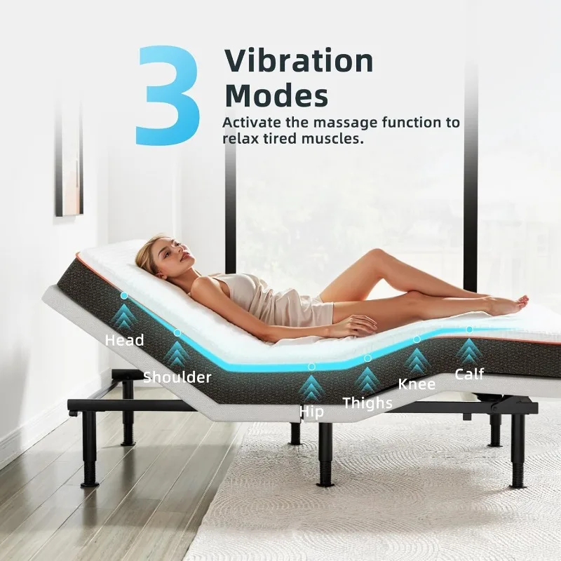 Telaio base letto regolabile Queen, massaggio e telecomando wireless, doppie porte USB, struttura letto imbottita ergonomica, motore di sollevamento, sotto essere