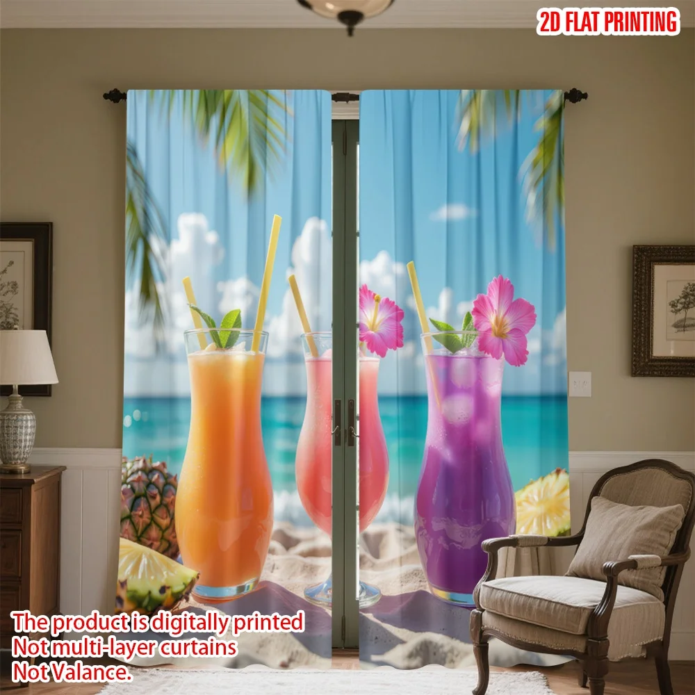 

2D flat printing 2pcs Window Curtains Tropical Beach Cocktails Digital Printed Polyester Drapes Family Party Decoration Use for