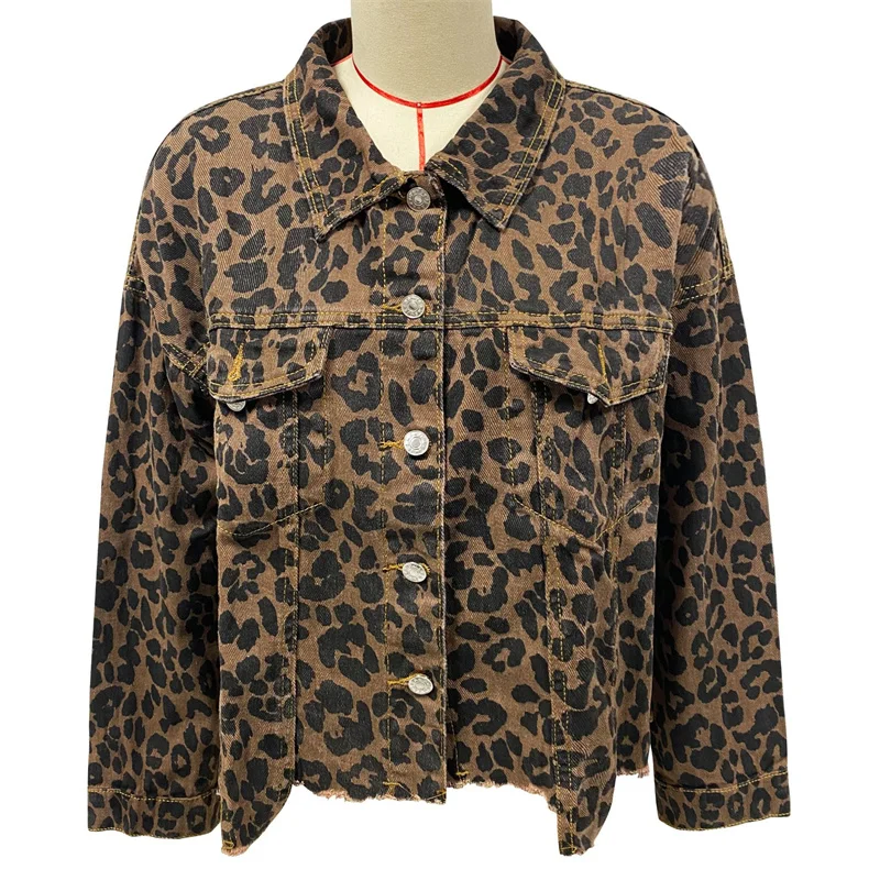 Fashion Leopard Print Tassel Hem Jacket Women Casual Outerwear Female Spring Autumn Lapel Single-breasted Cardigan Denim Coat 24