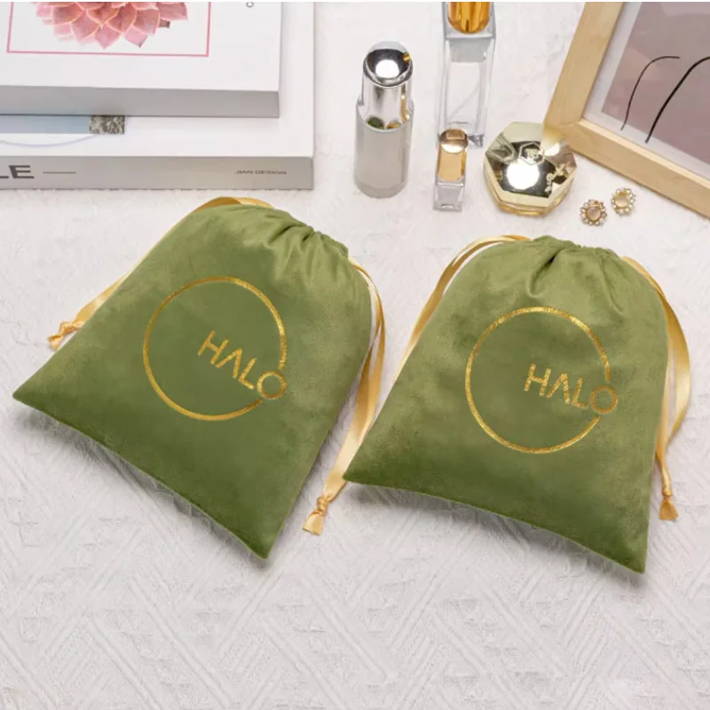 セージグリーンベルベット巾着ギフトバッグ - カスタムロゴ入り化粧品メイクポーチ、ジュエリー、手工芸品、香水用ダストバッグ