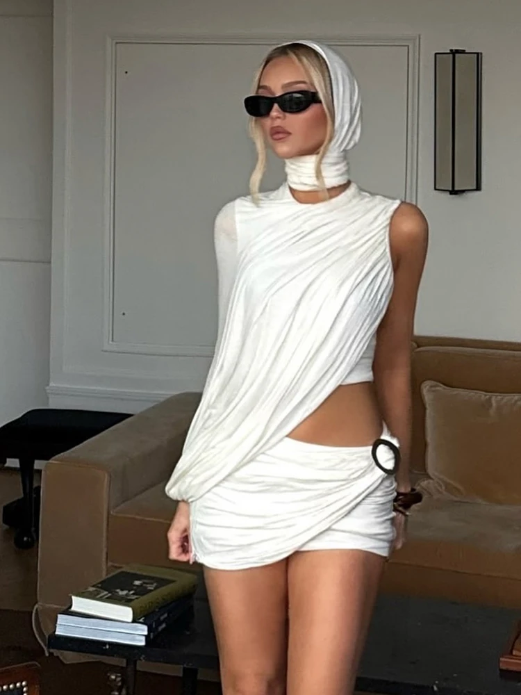 

Weird Puss See Through 3-Piece Set Women One Shoulder Sexy Irregular Top+Headgear+Ruched Skirt Matching Clubwear Elegant Outfits