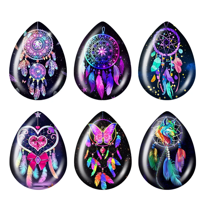 5 paires de cabochons en verre photo en forme de goutte d'eau avec motifs de plumes attrape-rêves et lune, dos plat, pour la fabrication de bases de bijoux DIY