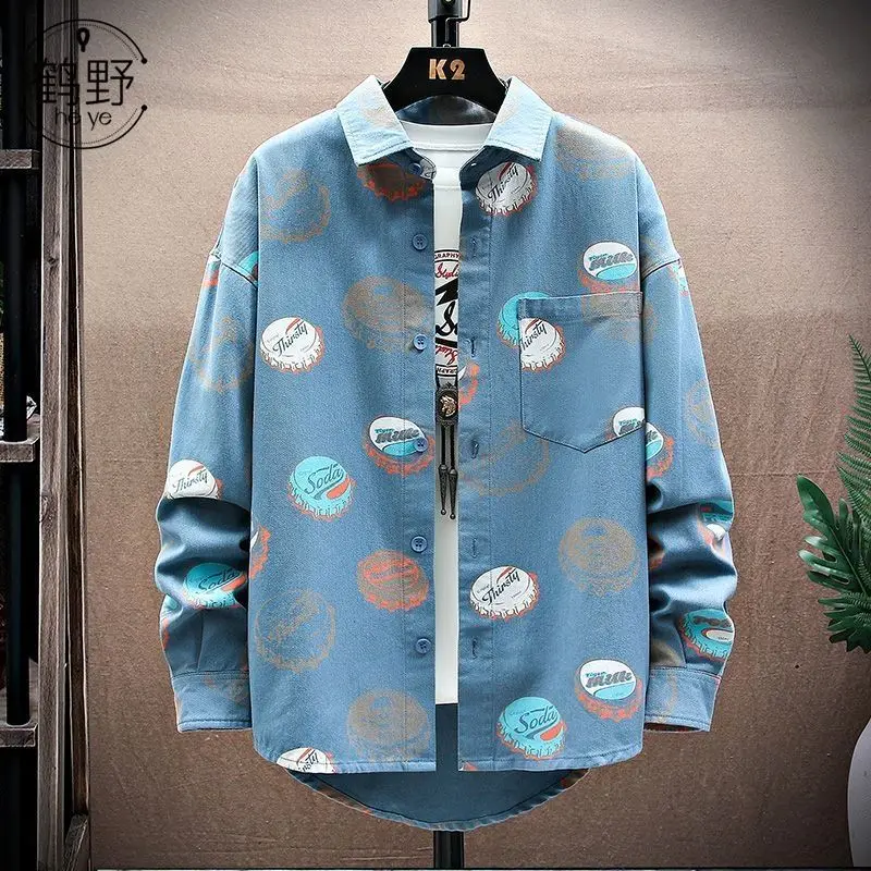 Spring Autumn Fashion Printing POLO Collar Long Sleeve Men\'s Clothing Blouse Japanese Style Button Casual Trend All-match Shirts