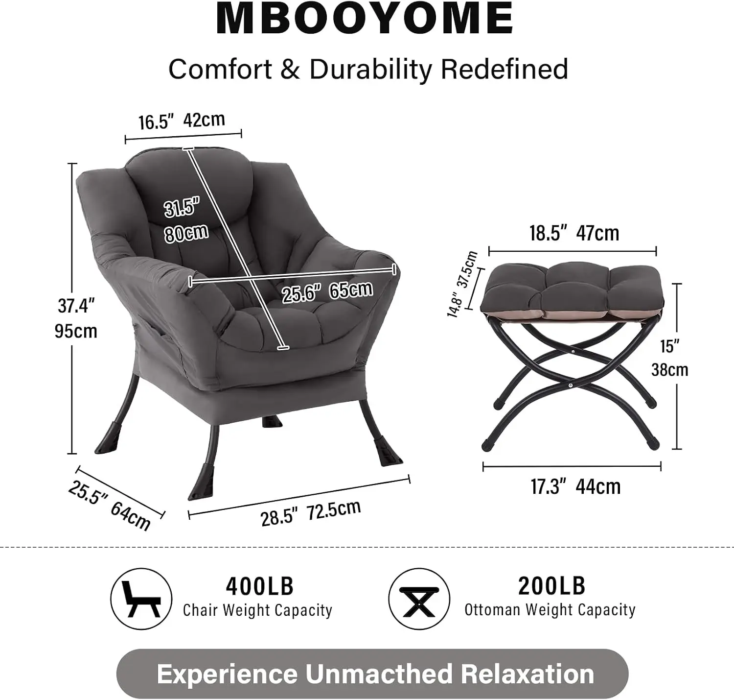 Modern Lazy Chair with Ottoman, Comfy Accent Reading Chair, Dark Grey | Removable & Machine-washable Cover,with Armrests & Side