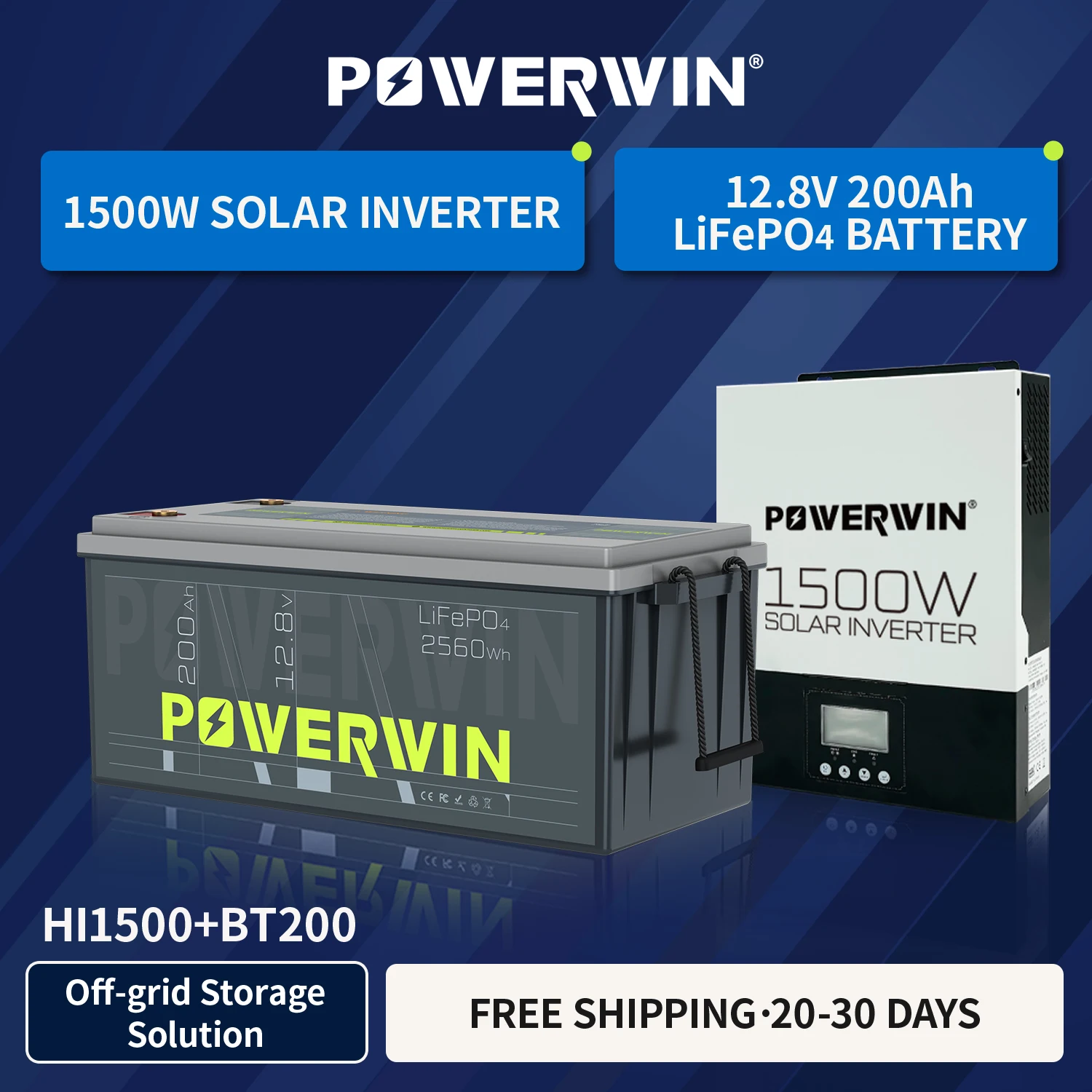 

POWERWIN BT200 LifePO4 12V 200Ah/1280Wh HI1500 Hybrid Solar Pure Sine Wave 80A MPPT 1500W 12V LCD Off Grid 12V Battery