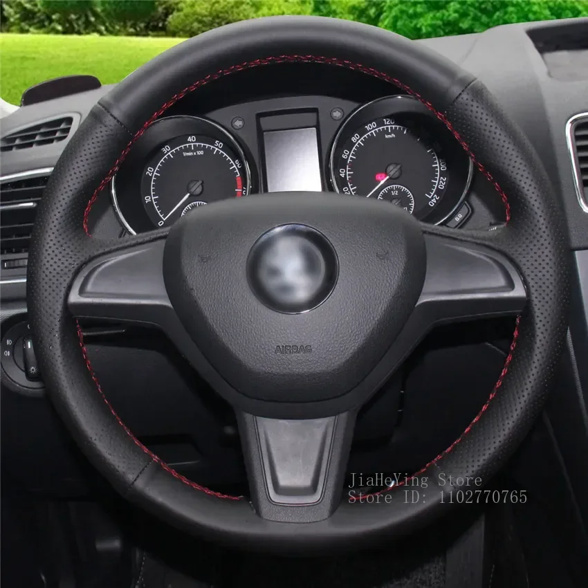 

DIY Hand-Stitched Non-slip Leather Steering Wheel Cover for Skoda Yeti 2014 2015 2016 Rapid 2015 Interior Accessories