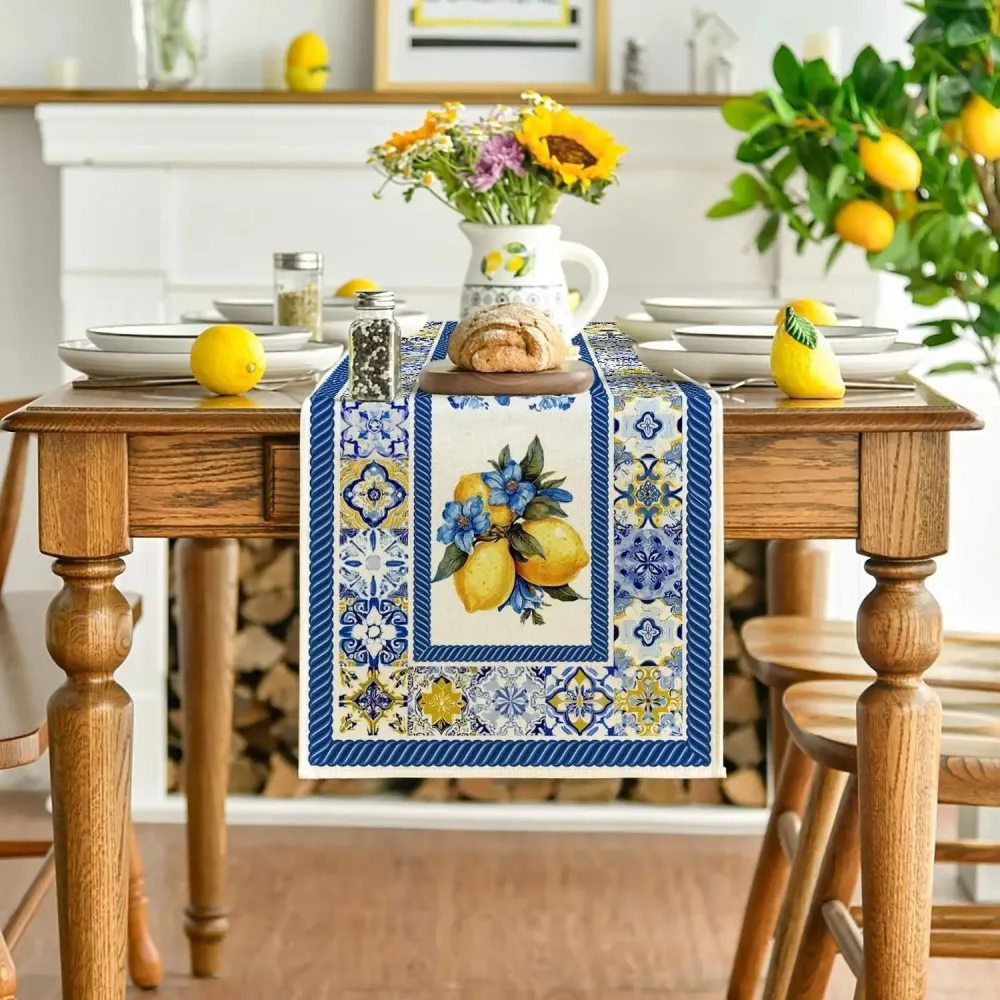 VIKAMA Linen Table Runner Summer Lemon Blue Porcelain Reusable Wedding Dining Table Decor