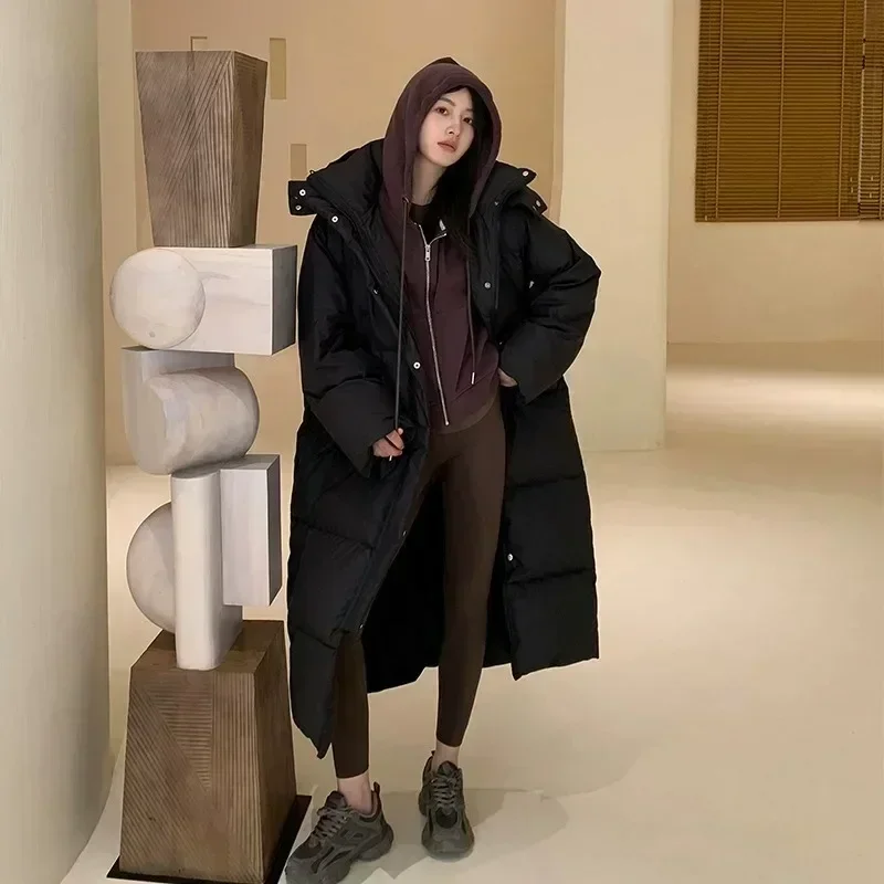 2024 New Winter Fashion Loose Warm Snow Wear Overcoat European Women Down Coat Thickened Hooded 90% White Duck Down Parkas