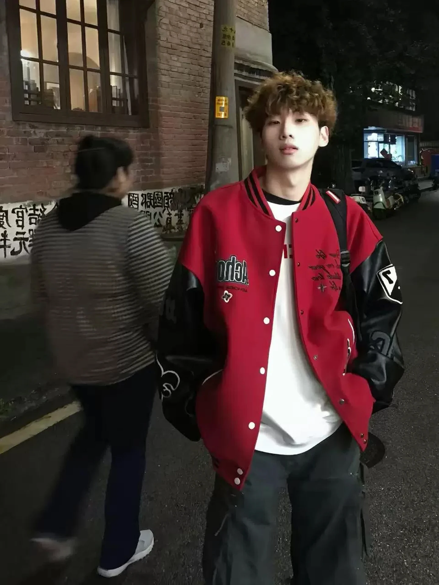 Trendy Heavyweight Color Block PU Leather Cotton Fill Baseball Jacket Men's American Streetwear Embroidered Red Letter Stitch