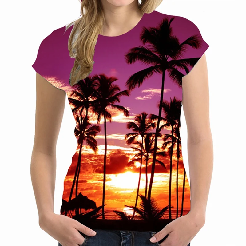 Kaos T-Shirt Kasual Lengan Pendek Ukuran Besar Harajuku Wanita Atasan Pakaian Kaos Hawaii Cetakan 3D Pohon Palem Streetwear Wanita