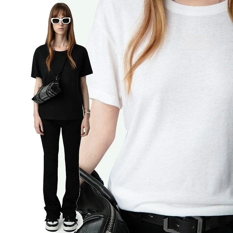 

25. Весенняя новая французская ниша ZV Front Wings Hot Diamond Hem с буквенным принтом, женская футболка с круглым вырезом и короткими рукавами