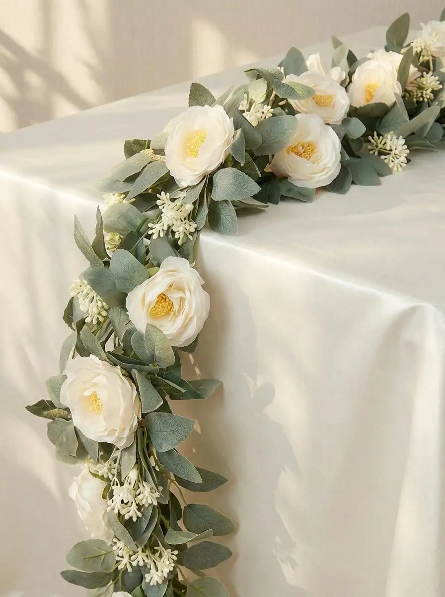 1pc Artificial Eucalyptus Flower Garland With Fake Rose Flower Vine Seeded Eucalyptus Leaves Greenery Garland For Wedding