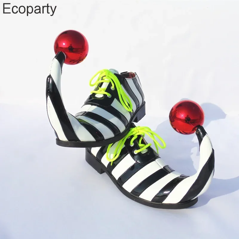 Dorośli Halloween Clown Cosplay Shoes Funny Circus Club Clown Performance Stripe Clown Shoes With Red Ball Carnival Cosplay Shoes