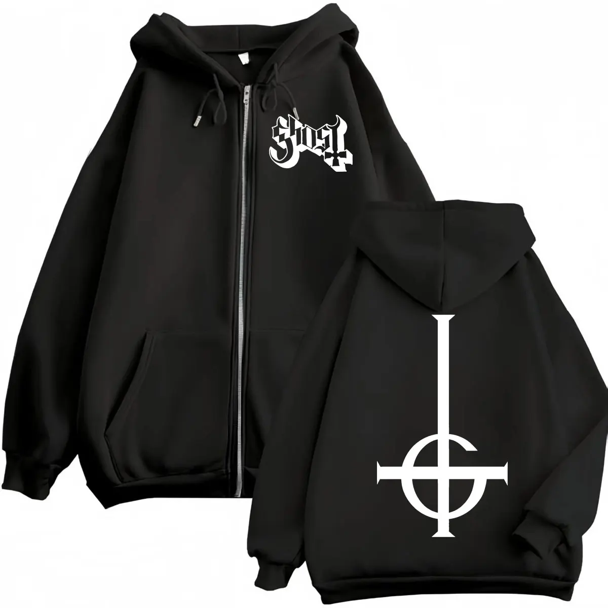 Hot Sale Ghost Rock Band Logo Zipper Hoodie Men's Women's High Quality Fashion Zip Up Sweatshirts Casual Loose Fleece Pullovers