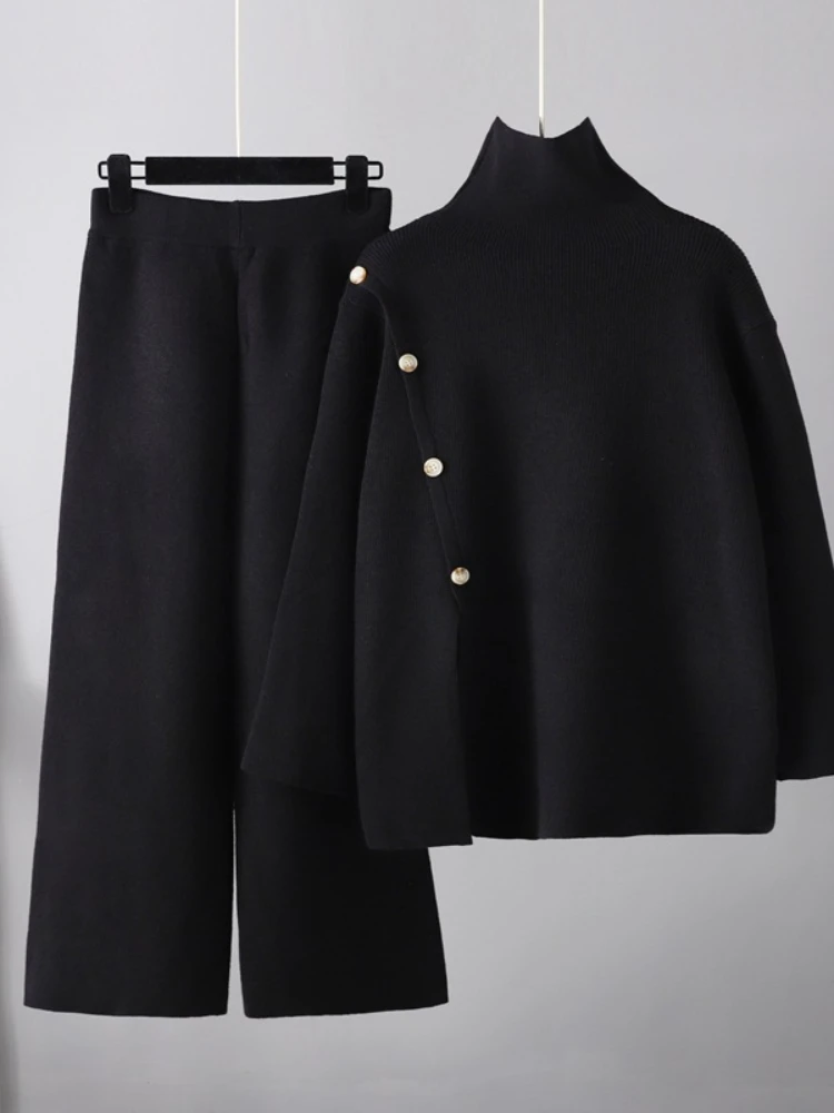 Narrow slit knitted high neck sweater for women in winter, warm and age reducing casual wide leg pants