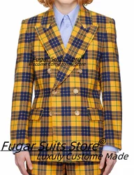 Casual Yellow Plaid High-end Men Suits Slim Fit Peak Lapel Best Man Prom Tuxedos 2 Pcs Sets Handsome Male Blazers Costume Homme