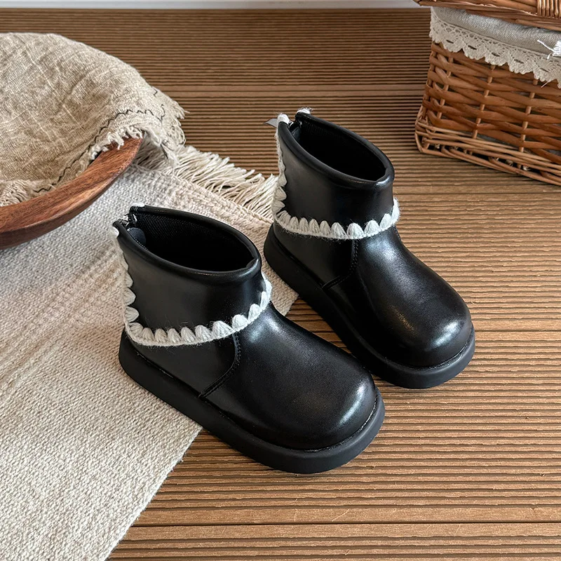 Solid PU Girls Fashion Boots Turned Over Edge Princess Children Ankle Shoes Trimming Zip Non Slip Kids Short Boots